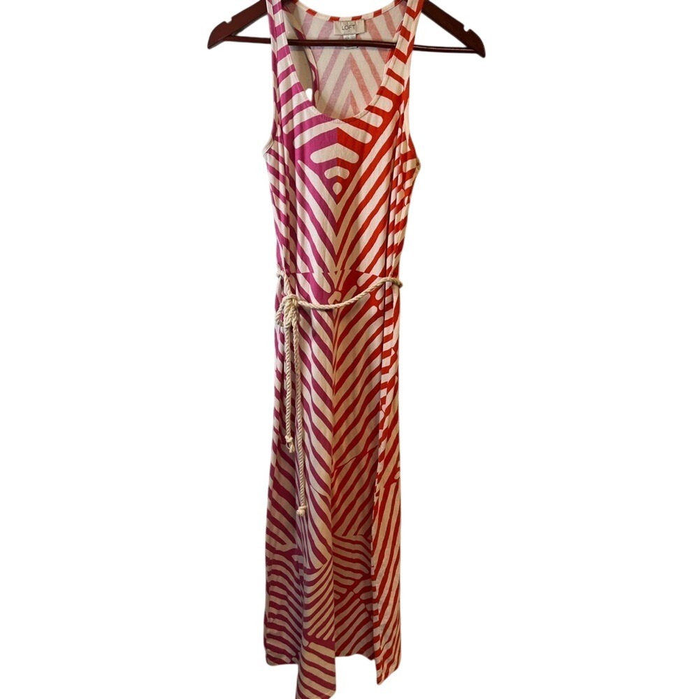 LOFT Women XS‎ Pink Orange Geometric Stripe Racerback Maxi Dress Rope Belt